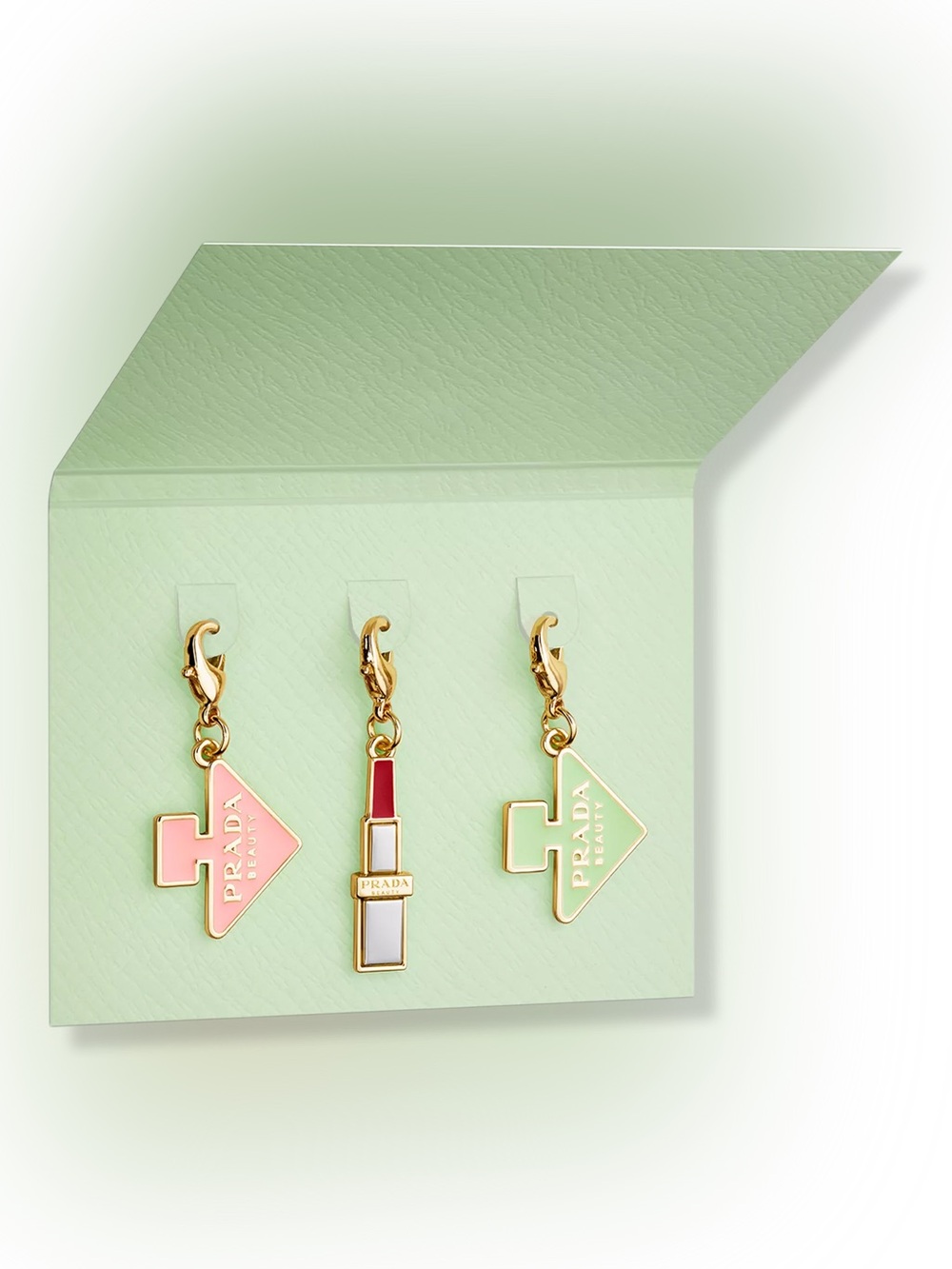 PRADA Beauty Paradoxe Perfume Lipstick Charms Accessories Set Key Rings Gold